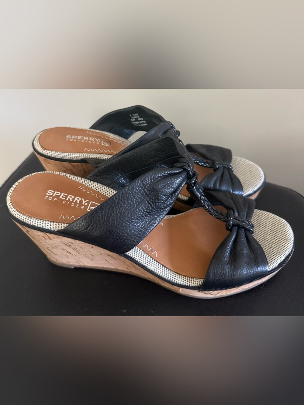 Sperry Top-Sider Black Braided-Knot Leather Cork Wedge Sandals